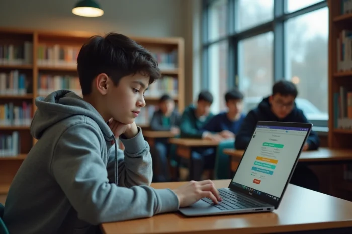 Adolescent utilisant un ordinateur portable pour jouer à un jeu éducatif en ligne dans une bibliothèque scolaire