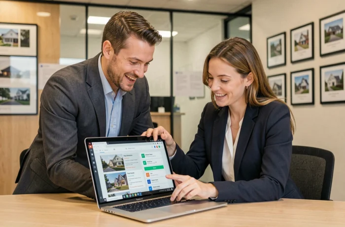 Deux agents immobiliers collaborant autour d'une plateforme regroupant toutes les ressources immobilières essentielles