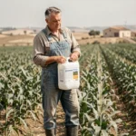 Agriculteur espagnol tenant un bidon de 5 litres d'herbicide glyphosate dans un champ agricole