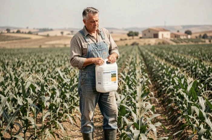 Agriculteur espagnol tenant un bidon de 5 litres d'herbicide glyphosate dans un champ agricole