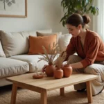 Femme arrangeant une décoration intérieure scandinave avec des plantes séchées et des céramiques dans un salon chaleureux aux tons terre
