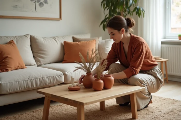 Femme arrangeant une décoration intérieure scandinave avec des plantes séchées et des céramiques dans un salon chaleureux aux tons terre