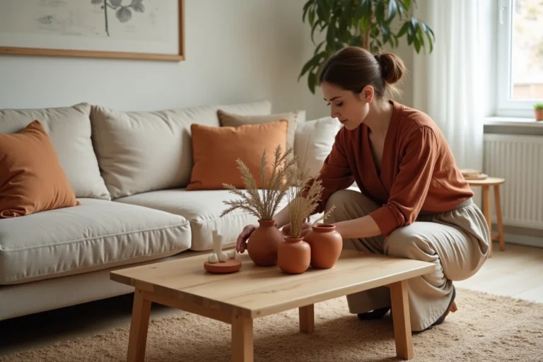 Femme arrangeant une décoration intérieure scandinave avec des plantes séchées et des céramiques dans un salon chaleureux aux tons terre