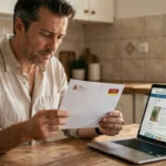 Homme français lisant un avis d'amende de vitesse espagnole reçu par courrier à son domicile