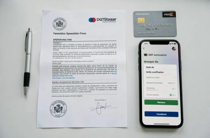Vue de dessus d'une amende de vitesse espagnole, une carte bancaire française et un smartphone affichant la confirmation de paiement en ligne