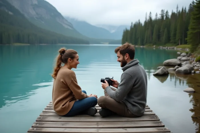 Deux amis voyageurs riant sur un ponton en bois au bord d'un lac glaciaire entouré de forêt boréale