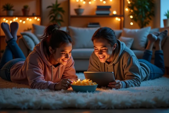 Deux amis regardant un film en streaming sur tablette allongés sur le sol dans un salon convivial