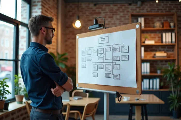 Homme analysant un plan de site hiérarchique imprimé sur un tableau de liège dans un studio créatif