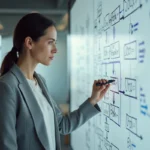 Femme professionnelle expliquant l'arborescence d'un site web sur un tableau blanc avec des diagrammes hiérarchiques