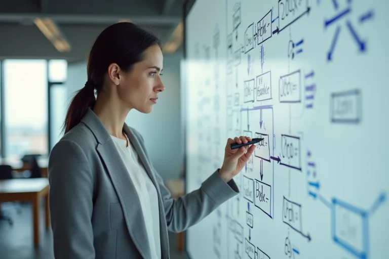 Femme professionnelle expliquant l'arborescence d'un site web sur un tableau blanc avec des diagrammes hiérarchiques