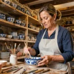 Artisane bretonne peignant à la main un bol en faïence de Quimper dans un atelier en pierre