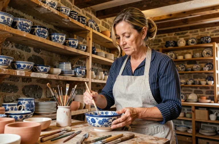 Artisane bretonne peignant à la main un bol en faïence de Quimper dans un atelier en pierre