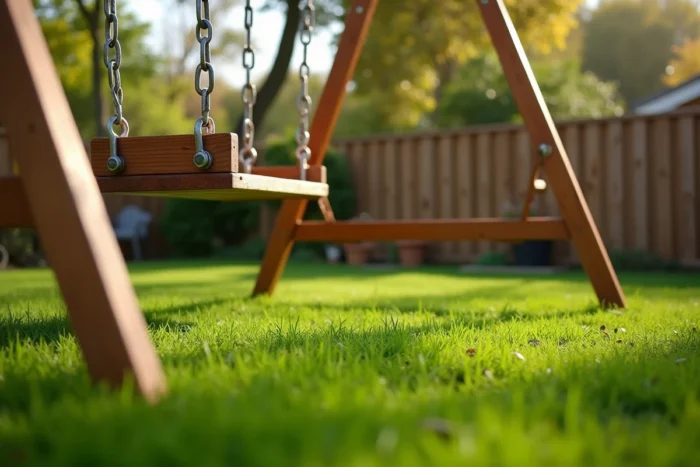 Balançoire en bois solidement ancrée au sol dans un jardin résidentiel avec systèmes d'ancrage visibles