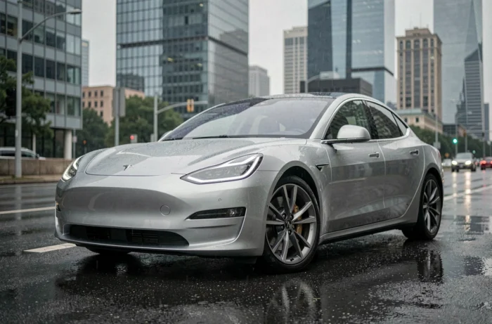 Berline électrique 2024 argentée garée sur un boulevard urbain sous un ciel nuageux, reflets sur l'asphalte mouillé, tendances automobiles actuelles