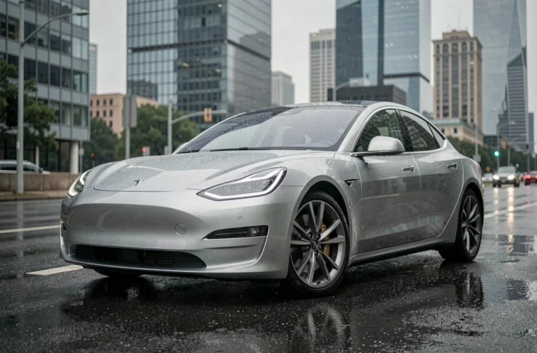 Berline électrique 2024 argentée garée sur un boulevard urbain sous un ciel nuageux, reflets sur l'asphalte mouillé, tendances automobiles actuelles