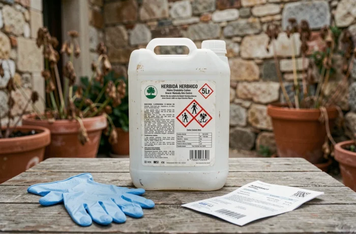 Bidon de glyphosate 5 litres avec étiquette espagnole et gants de sécurité sur une table en bois rustique