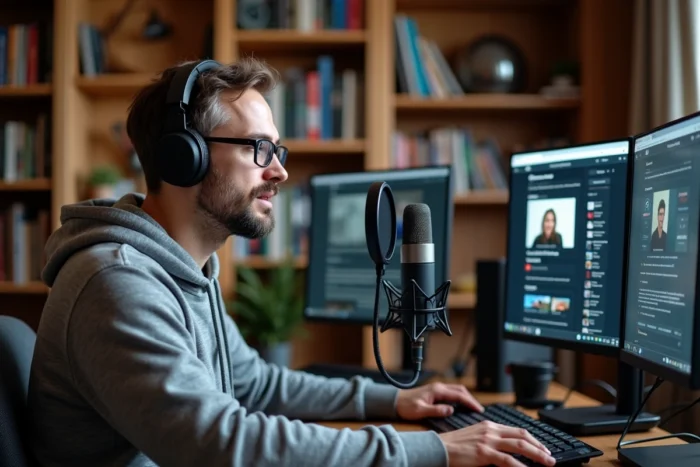 Blogueur indépendant enregistrant un podcast sur les médias alternatifs et la liberté d'expression