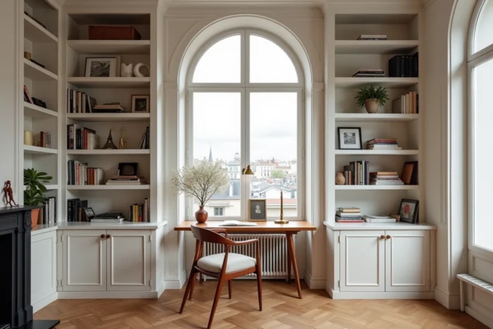 Bureau à domicile stylé dans une alcôve avec bibliothèque intégrée, parquet en chevrons et mobilier mi-siècle dans un appartement haussmannien