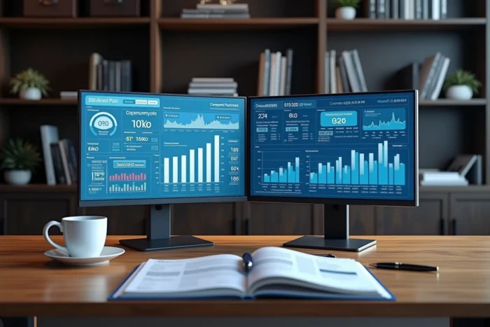 Bureau exécutif avec écrans affichant des tableaux de bord financiers et graphiques de rémunération en 2024