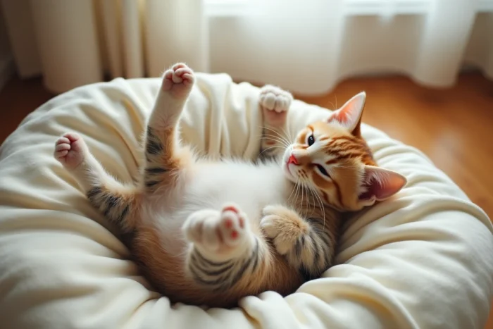 Chaton mâle tabby allongé sur une couverture, posture relaxée illustrant la santé du jeune félin