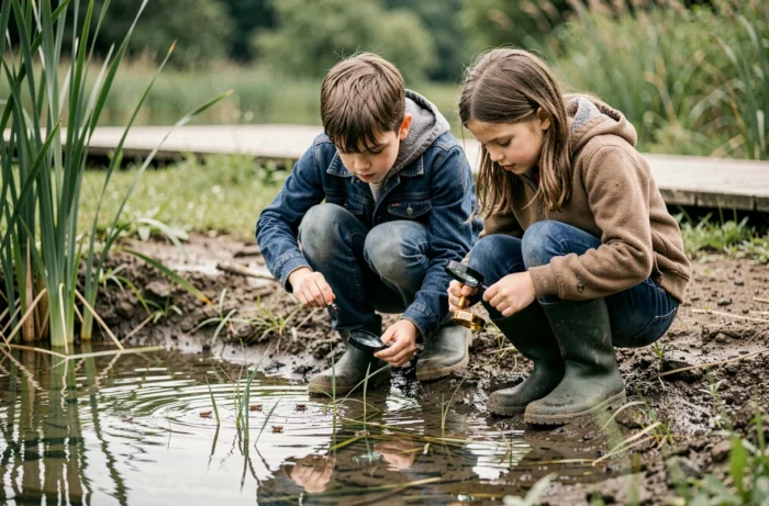 Enfants en classe découverte examinant la faune aquatique dans une réserve naturelle avec des loupes