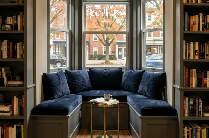 Coin lecture cosy avec banquette en velours bleu marine, bibliothèque intégrée et vue sur jardin automnal