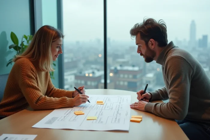 Deux collègues collaborant sur l'arborescence et la navigation d'un site web avec des documents imprimés et des post-it
