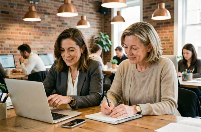 Deux femmes collaborant autour d'un ordinateur portable dans un espace de coworking avec briques apparentes