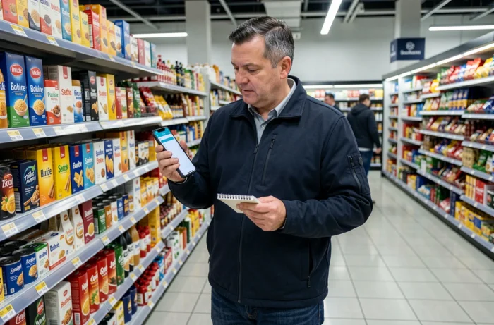 Homme comparant des produits en supermarché pour optimiser ses dépenses alimentaires avec une application de budget