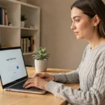 Femme connectée à son compte sécurisé sur un ordinateur portable depuis son bureau à domicile