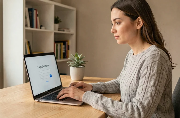 Femme connectée à son compte sécurisé sur un ordinateur portable depuis son bureau à domicile