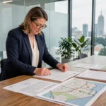 Conseillère immobilière analysant des documents fonciers et des plans cadastraux dans un bureau moderne