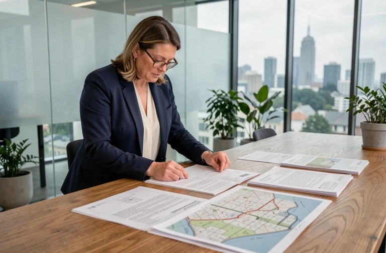 Conseillère immobilière analysant des documents fonciers et des plans cadastraux dans un bureau moderne