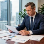 Consultant financier analysant des documents fiscaux internationaux dans un bureau moderne en hauteur