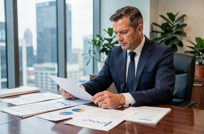 Consultant financier analysant des documents fiscaux internationaux dans un bureau moderne en hauteur