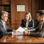 Notaire femme consultant un couple dans son bureau pour une consultation gratuite en 2026