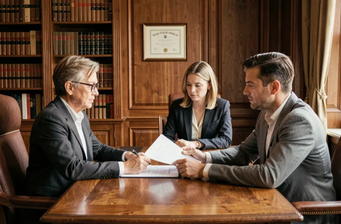 Notaire femme consultant un couple dans son bureau pour une consultation gratuite en 2026