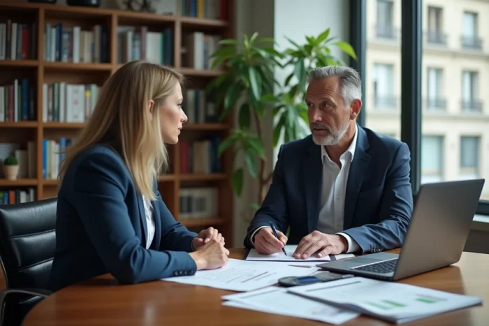 Consultation juridique entre un client et une avocate sur les risques de partir à l'étranger avec des dettes impayées en France
