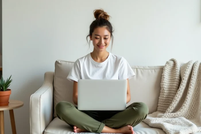 Jeune femme consultant un plan de site visuel sur son ordinateur portable dans un salon scandinave minimaliste
