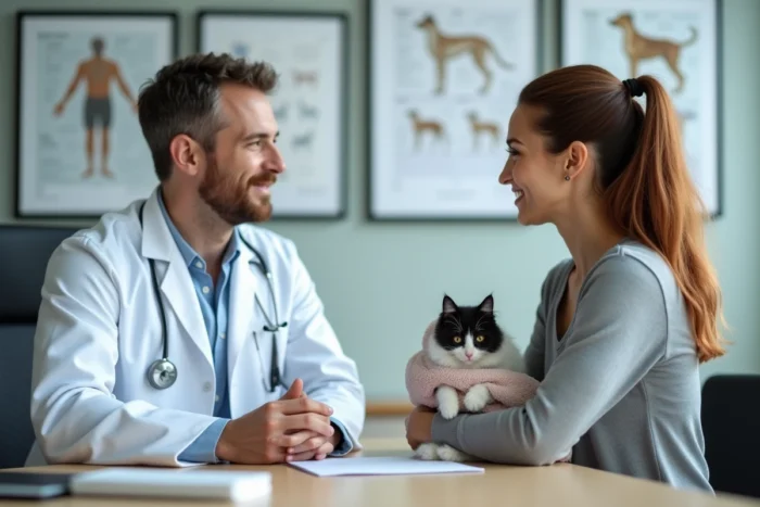Consultation vétérinaire avec propriétaire et chaton pour suivi du développement et de la descente testiculaire