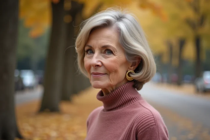 Femme senior avec une coupe courte bob effilé blond cendré dans un parc en automne