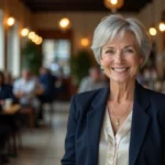 Femme âgée élégante avec une coupe courte pixie argentée moderne dans un café parisien