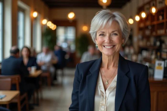 Femme âgée élégante avec une coupe courte pixie argentée moderne dans un café parisien