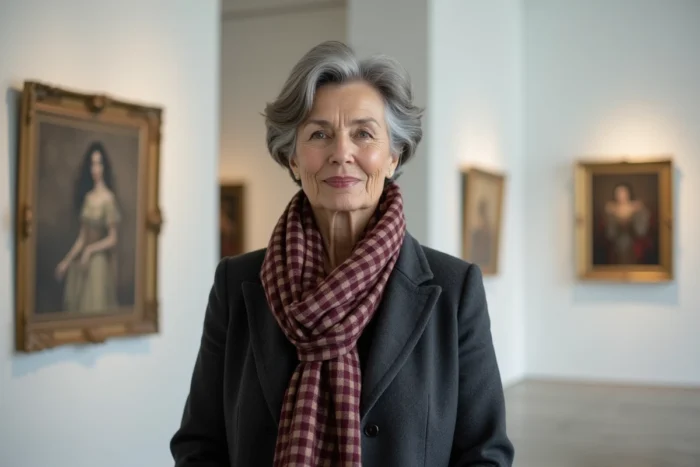 Femme mature avec coupe courte texturée grise volumineuse dans une galerie d'art contemporain
