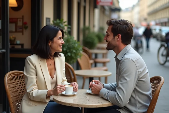 Couple complice discutant autour d'un café en terrasse dans un bistro parisien classique