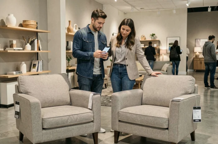 Couple comparant des fauteuils dans un showroom de décoration pour optimiser leur budget aménagement intérieur
