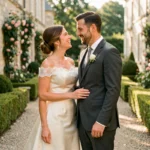 Couple de mariés élégants se regardant en riant dans un jardin de château français, robe en satin ivoire et costume charbon