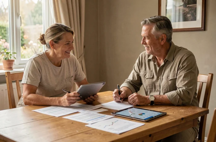 Un couple d'une quarantaine d'années discute de leur stratégie d'investissement boursier autour d'une table avec des documents financiers et une tablette, illustrant la planification sereine en bourse