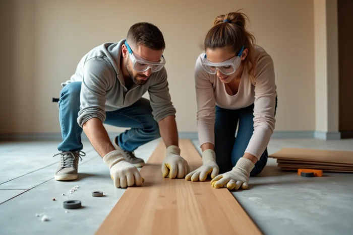 Couple installant un parquet stratifié ensemble lors de travaux de rénovation