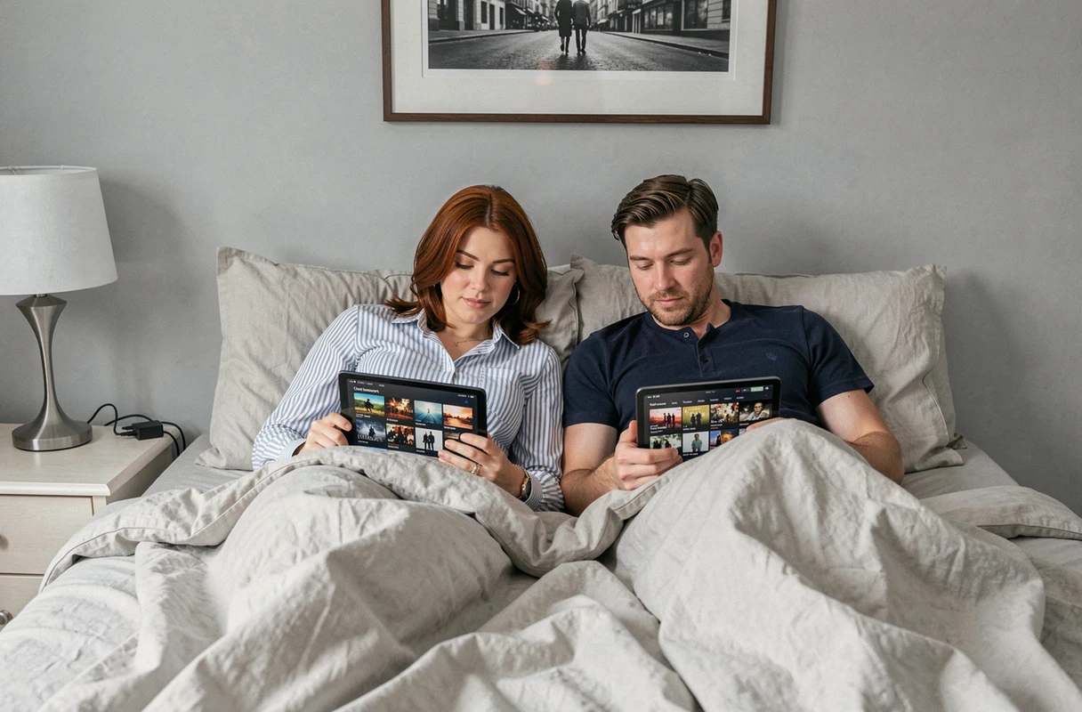 Couple regardant un catalogue de films en streaming légal sur une tablette dans leur chambre